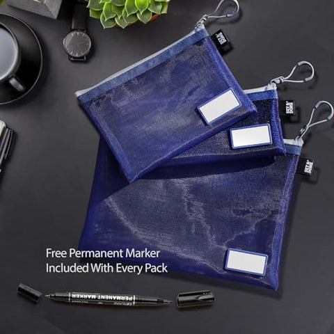 Ultramarine Blue Onama Flexi Zipper Mesh Pouch with Name Tab (Pack of 3)